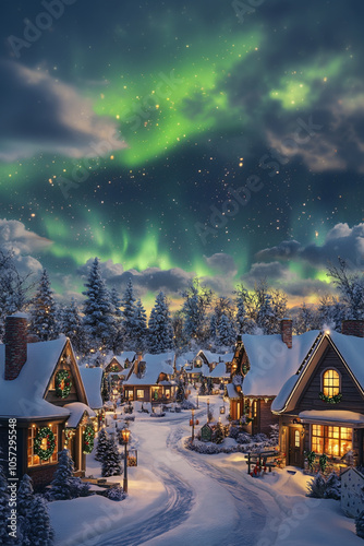 A magical winter village scene under the enchanting glow of the northern lights. Cozy, snow-covered cottages line a winding path illuminated by warm lights, creating a serene and festive