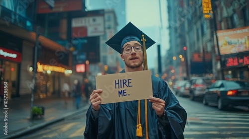 In an urban environment, a graduate wearing a cap and gown holds a 'HIRE ME' sign, reflecting the determination to find employment in the bustling city setting.