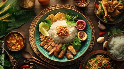 A vibrant Isan meal, neatly arranged on a plate, with realistic lighting photo