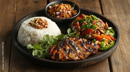 Grilled Chicken with Sticky Rice and Fresh Vegetables