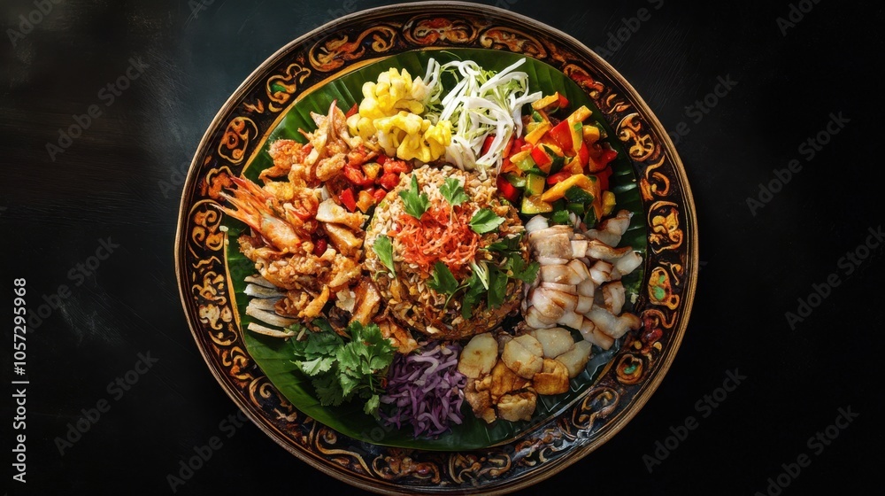 A vibrant plate of Isan food, artistically arranged, with realistic lighting A vibrant plate of Isan food, artistically arranged, with realistic lighting