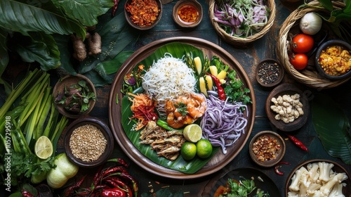 A vibrant Isan meal, plated artistically, in a naturally lit environment photo