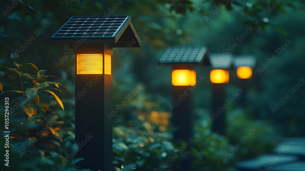Solar garden lights at dusk with warm LED illumination and solar panels, featuring landscape lighting design against green foliage in twilight atmosphere. Solar garden lights at dusk with warm LED illumination and solar panels, featuring landscape lighting design against green foliage in twilight atmosphere.