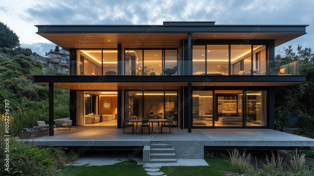 Modern Two-Storey House with Large Terrace at Dusk Modern Two-Storey House with Large Terrace at Dusk