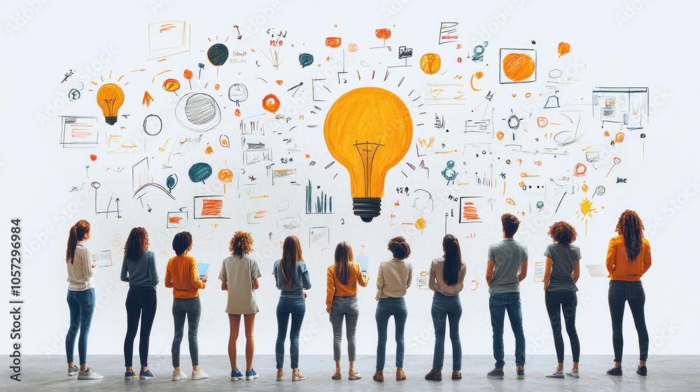 Diverse group brainstorming around a large whiteboard filled with ideas, showcasing creativity and teamwork Diverse group brainstorming around a large whiteboard filled with ideas, showcasing creativity and teamwork