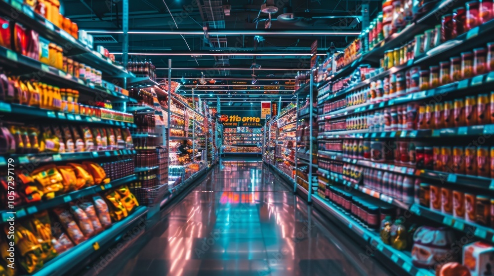 Aisle of a brightly lit supermarket with stocked shelves Aisle of a brightly lit supermarket with stocked shelves