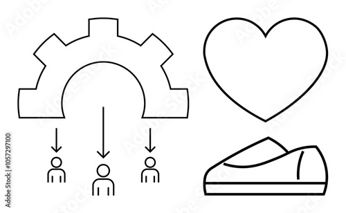 Gear distributing information to three individuals, a heart symbolizing love or health, and an athletic shoe representing fitness. Ideal for teamwork, workflow, health, fitness, love, relationships