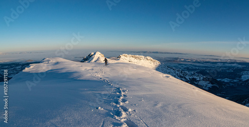 Alone wanderer in the mountains in winter photo