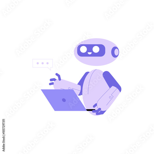 Robot Typing On Laptop In Flat Vector Illustration Symbolizing AI Assistance, Data Processing, And Remote Work, Isolated On White Background