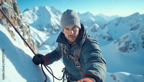 Climber scaling icy mountain face in snowstorm, intense focus and determination, wearing red jacket and winter gear, showcasing endurance, adventure, and extreme sport in harsh alpine conditions