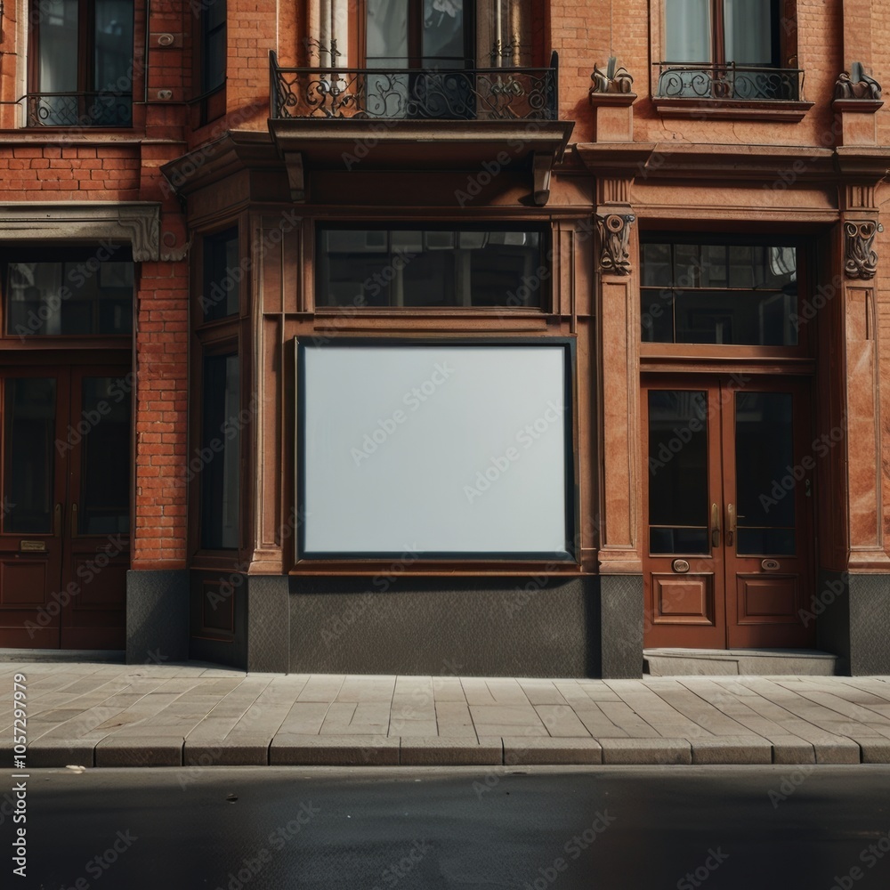 Large blank white banner prominently displayed on the wall of a brown brick building. This blank canvas offers potential for advertising, announcements or artistic expression Large blank white banner prominently displayed on the wall of a brown brick building. This blank canvas offers potential for advertising, announcements or artistic expression
