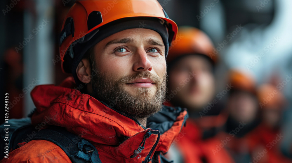 Group of construction workers on a building site, wearing safety gear and working as a team, representing hard work Group of construction workers on a building site, wearing safety gear and working as a team, representing hard work