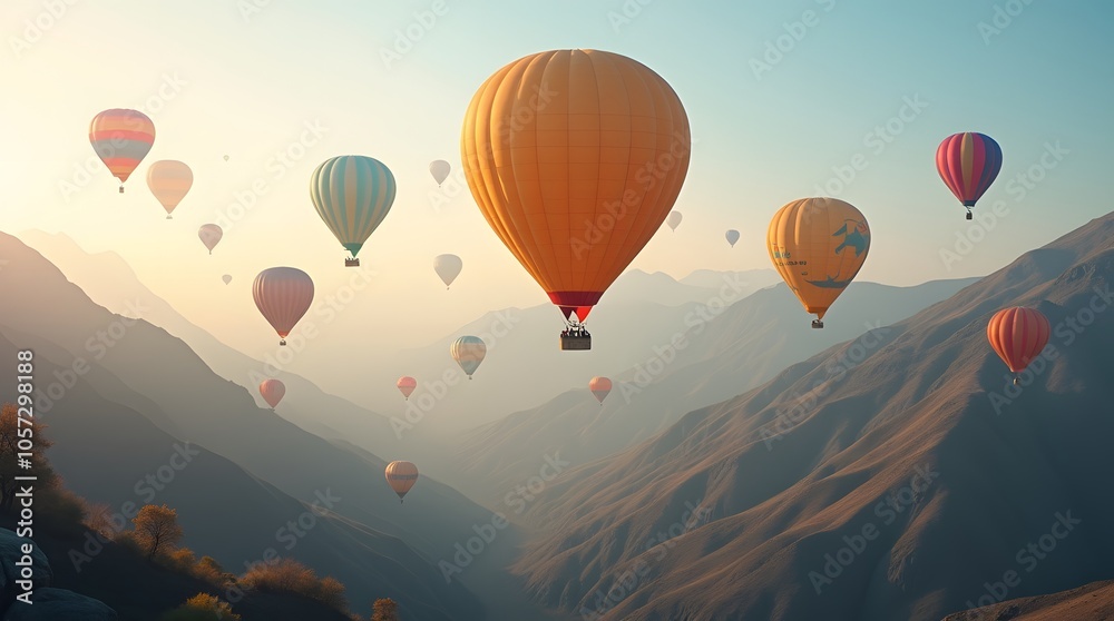 Obraz premium Flight in a hot air balloon with a panoramic view of the mountains. Many multi-colored balloons fly in the sky at dawn among the high mountains. Hot air balloon flight in the mountains.