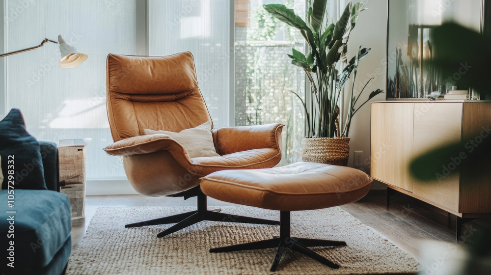 Stylish leather armchair with matching ottoman in a bright living room setting filled with greenery and natural light during daytime Stylish leather armchair with matching ottoman in a bright living room setting filled with greenery and natural light during daytime
