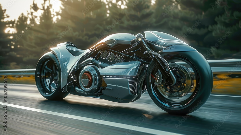 A Futuristic High-End Luxurious Autonomous Riding Sports Motorcycle Standing Alone on an Isolated Road, Showcasing Cutting-Edge Design and Technology A Futuristic High-End Luxurious Autonomous Riding Sports Motorcycle Standing Alone on an Isolated Road, Showcasing Cutting-Edge Design and Technology