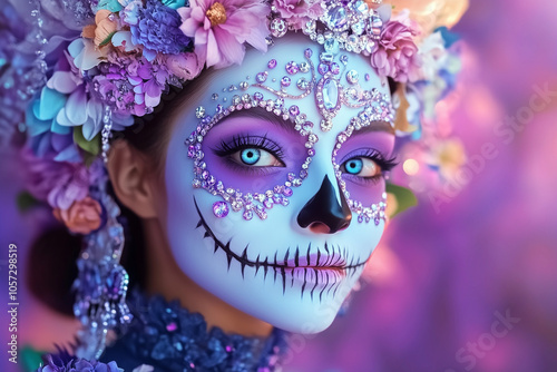 Beautiful Catrina with rhinestones in lilac violet colors