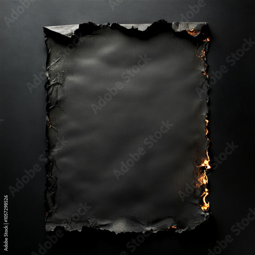 Photo of a realistic black paper, no light, burned on the corners, black background