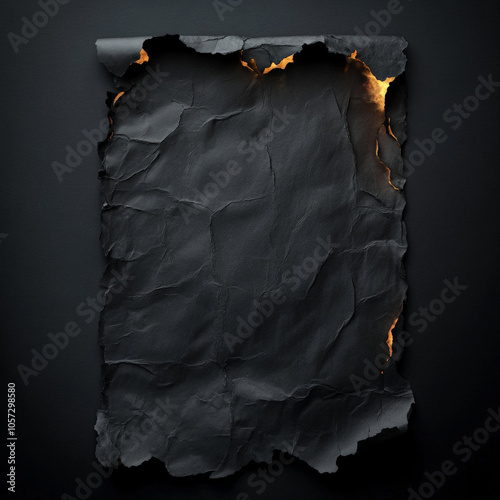 Photo of a realistic black paper, no light, burned on the corners, black background photo