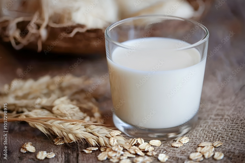 A glass of pure oat milk. Vegetarian and organic drinks. view from above A glass of pure oat milk. Vegetarian and organic drinks. view from above