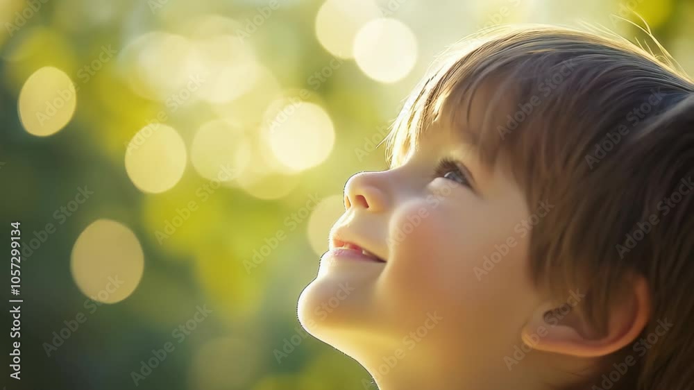 Close-up of a joyful child looking up with a hopeful expression, surrounded by soft bokeh light. Concept of wonder, innocence, and happiness in nature. Close-up of a joyful child looking up with a hopeful expression, surrounded by soft bokeh light. Concept of wonder, innocence, and happiness in nature.