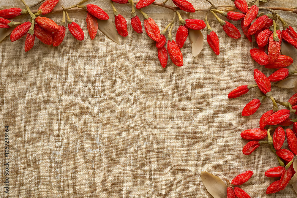 Goji Berries Arranged on Textured Fabric Background with Space for Text.