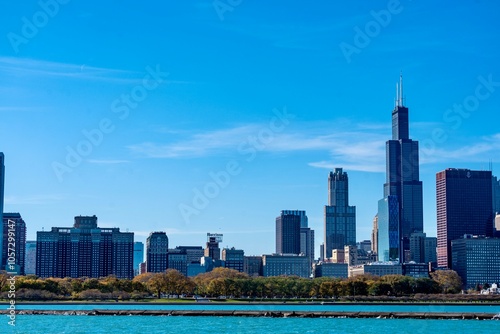 The Skyline of Downtown Chicago, IL along Lake Michigan on a Sunny Day