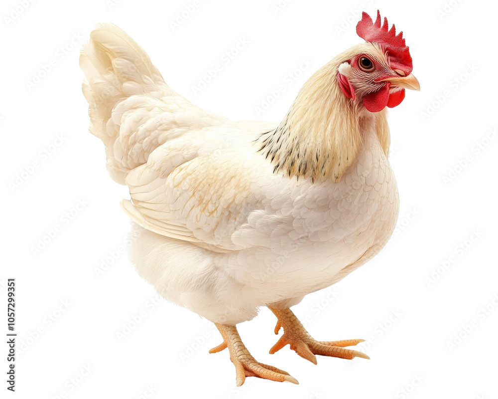 Fototapeta premium white chicken with red comb stands confidently, showcasing its feathers and vibrant colors. This domestic bird is often found in farms and backyards, symbolizing rural life