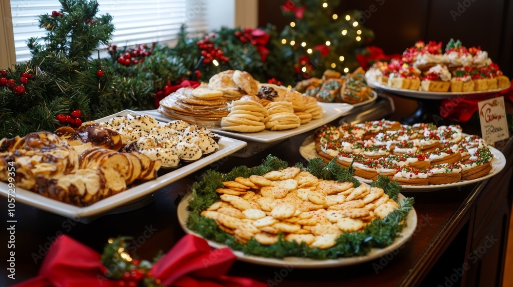 Christmas Party Catering : Festive spread with seasonal foods, decorations, and holiday cookies Christmas Party Catering : Festive spread with seasonal foods, decorations, and holiday cookies