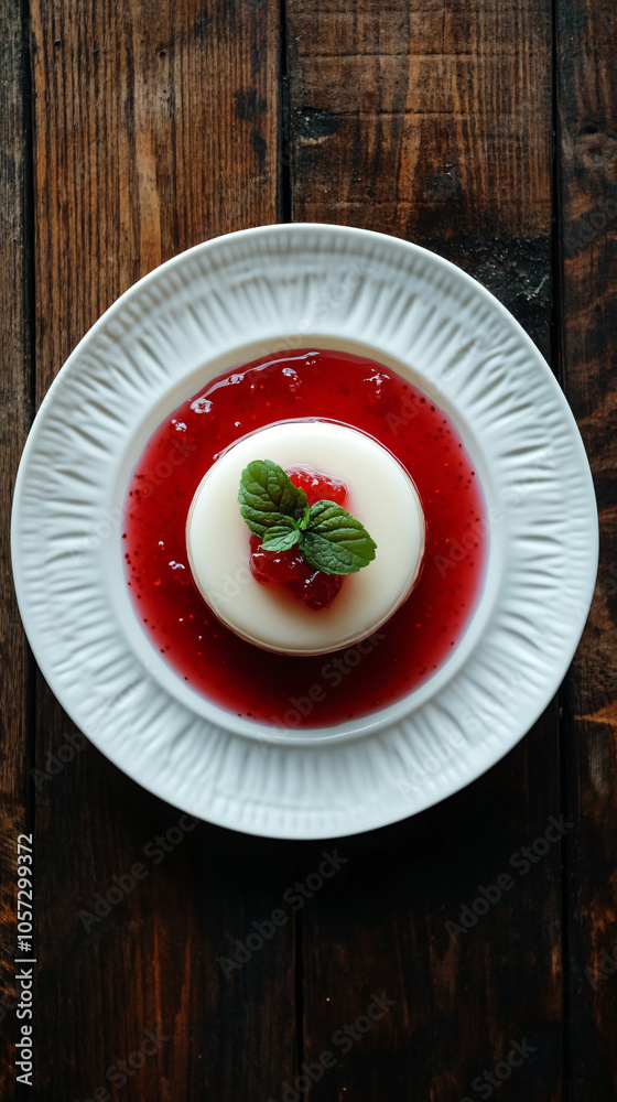 Panna cotta dessert with berry sauce and mint on a dark wooden table Panna cotta dessert with berry sauce and mint on a dark wooden table