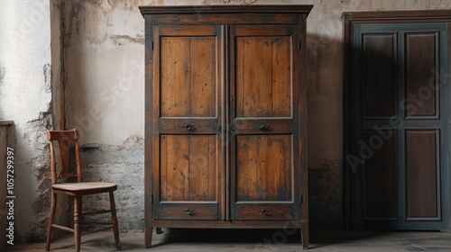 A rustic wooden wardrobe showing signs of wear and tear, placed against a textured wall in an old, abandoned room with a simple chair nearby