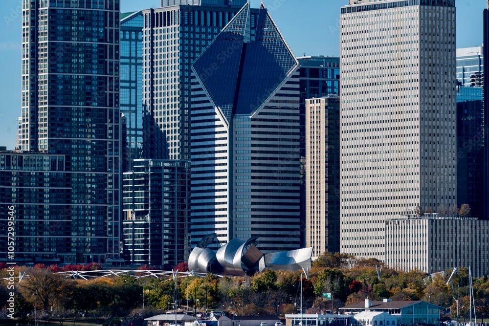 The Skyline of Downtown Chicago, IL along Lake Michigan on a Sunny Day