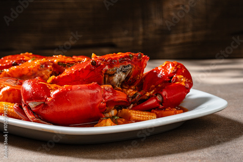 Crab sauce padang (Indonesian Kepiting Saus Padang). dish of crab served in hot and spicy Padang sauce. photo