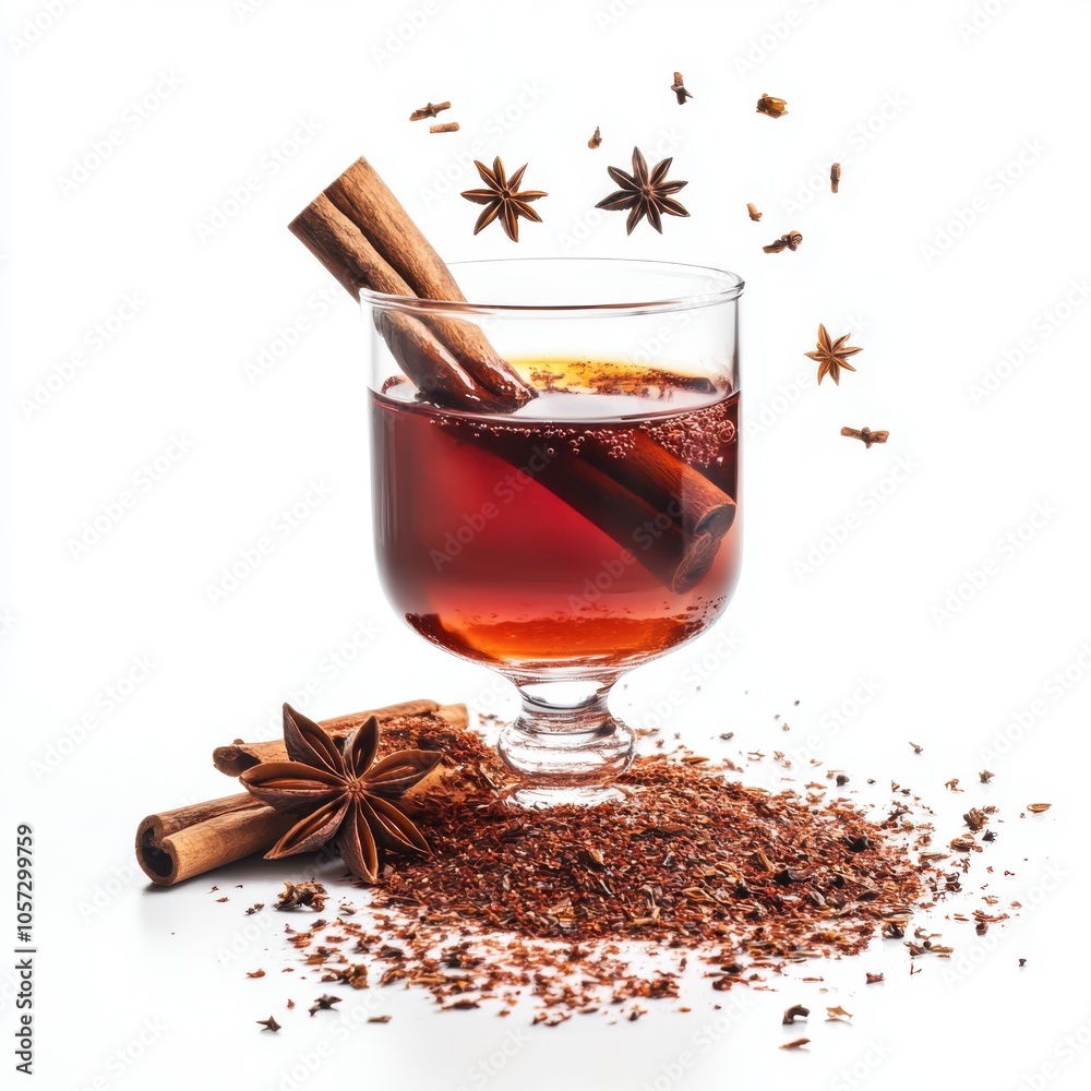 Deep red rooibos tea in a glass, levitating with star anise Deep red rooibos tea in a glass, levitating with star anise