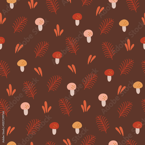 Autumn seamless pattern with mushrooms, leaves and fir branches on brown background. Perfect for seasonal greetings, wallpaper, wrapping paper, fabric. Vector illustration