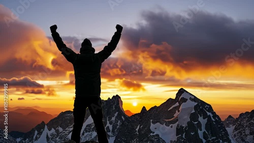 A person hiker stands proudly on a mountain peak, admiring the vibrant sunset and inspiring natural beauty