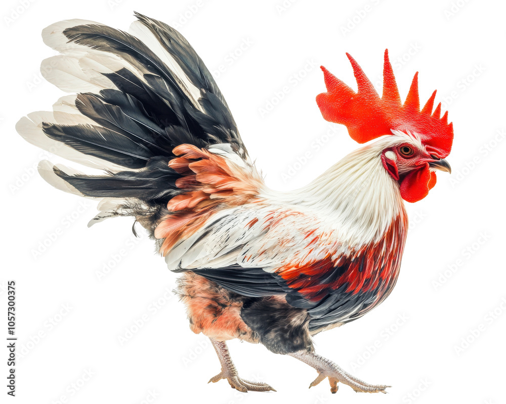 Fototapeta premium vibrant rooster with striking plumage and prominent comb, showcasing its colorful feathers and proud stance. This majestic bird symbolizes farm life and nature beauty