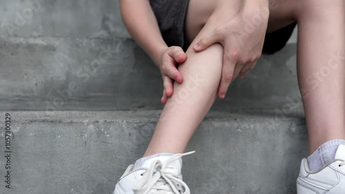 Teenager feels sharp pain in ankle and massages sore leg while sitting on steps. Sports and injuries concept.