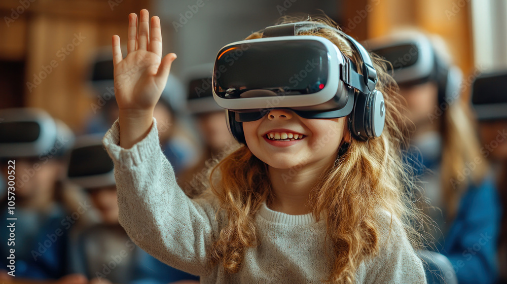 Young student raising hand in a virtual classroom, capturing interactivity and learning, warm and educational Young student raising hand in a virtual classroom, capturing interactivity and learning, warm and educational