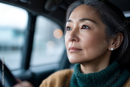 A poised woman with gray hair navigates in her vehicle, reflecting deep focus and reflection as she drives through the urban landscape surrounding her car.