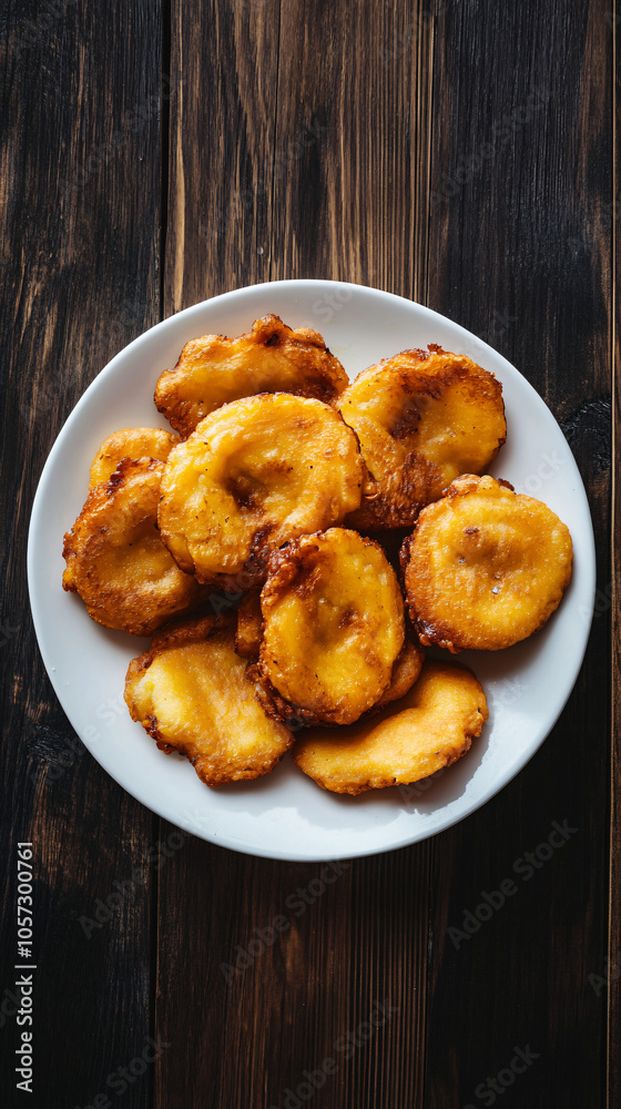 Delicious fried plantains on white plate, rustic wood background Delicious fried plantains on white plate, rustic wood background