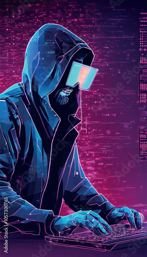 Fraud or scam background. Abstract hacker behind the monitor hologram with programmer code. Cybercriminal icons on a background.