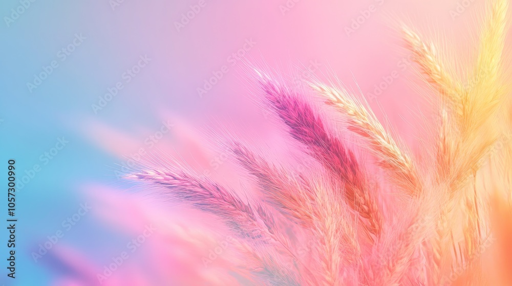 Obraz premium A serene landscape showcasing the tranquil beauty of soft wheat grasses swaying gently, with a calming, beige background that embodies simple, minimalist aesthetics. 