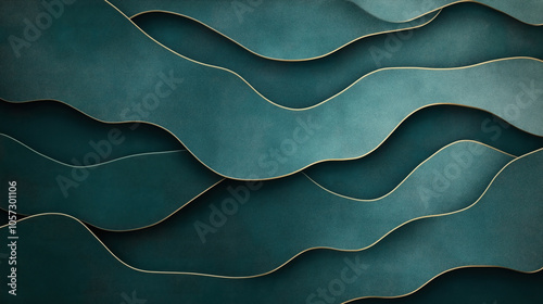 Wallpaper Mural Abstract teal wavy layered pattern with gold accents creating a textured three-dimensional effect. Torontodigital.ca
