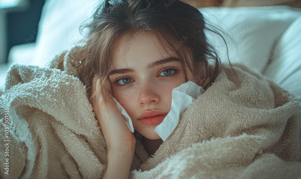 Sick young woman lying in bed wrapped in blanket, feeling unhealthy and sneezing in tissue. Unhappy girl with fever holding wet towel on her head, suffering from cold, seasonal infection or flu virus Sick young woman lying in bed wrapped in blanket, feeling unhealthy and sneezing in tissue. Unhappy girl with fever holding wet towel on her head, suffering from cold, seasonal infection or flu virus