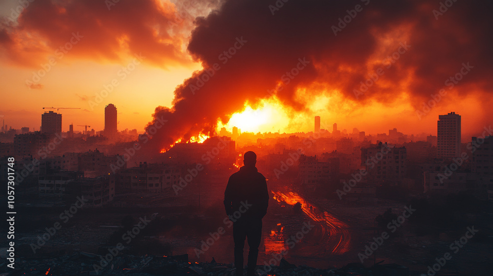 Arabic man standing and watching the destroying refugee Camp, fire and black smoke, low angle , wide shot , sunset Arabic man standing and watching the destroying refugee Camp, fire and black smoke, low angle , wide shot , sunset