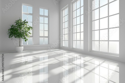 Minimalist White Room with Panoramic Windows and a Green Plant