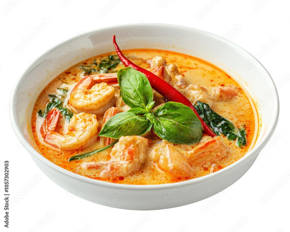 Delicious shrimp soup with coconut milk, basil, and chili, showcasing vibrant colors and rich flavors. Perfect for food lovers and culinary enthusiasts Delicious shrimp soup with coconut milk, basil, and chili, showcasing vibrant colors and rich flavors. Perfect for food lovers and culinary enthusiasts