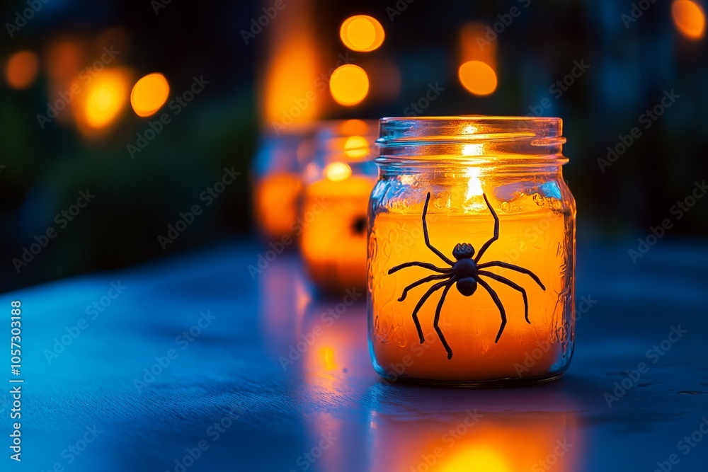 Spider-Shaped Candles in Mason Jars for Halloween Decoration - AI generated illustration Spider-Shaped Candles in Mason Jars for Halloween Decoration - AI generated illustration