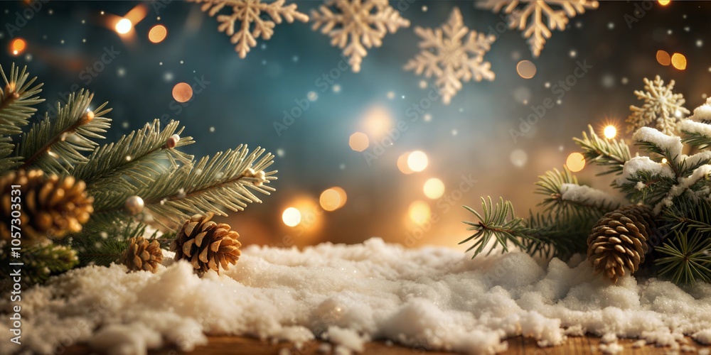 Abstract New Year background with fir branches, cones, snow. Lots snowflakes Abstract New Year background with fir branches, cones, snow. Lots snowflakes