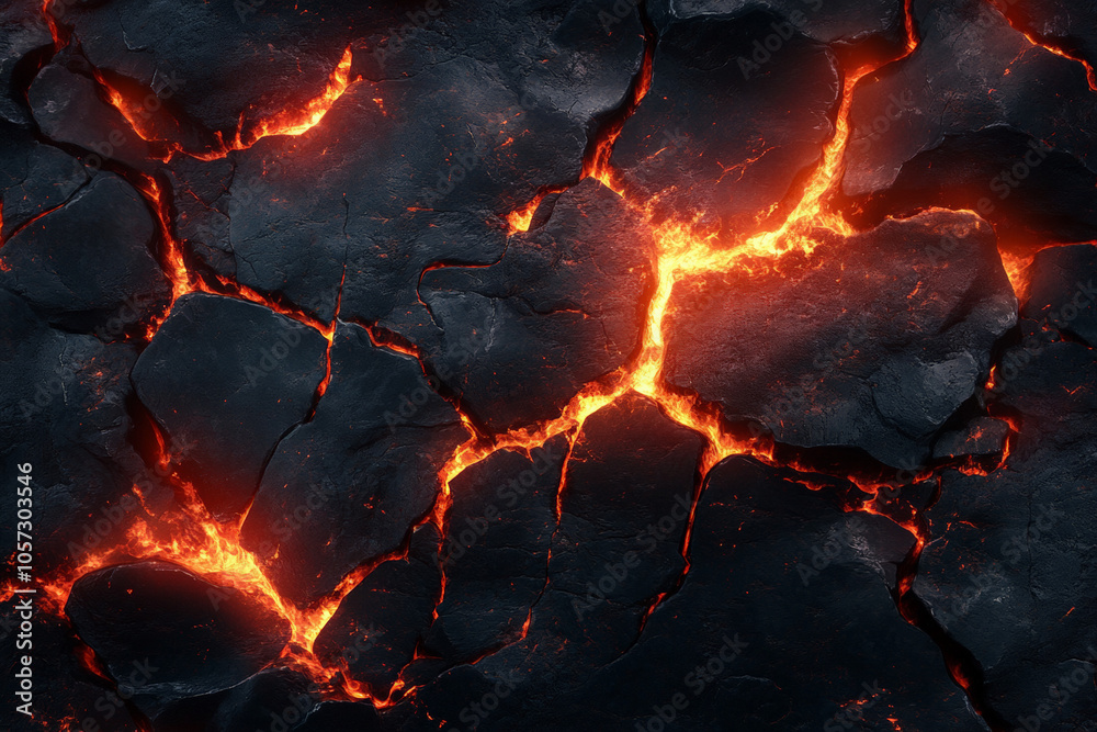 A dramatic background of fiery cracks spreading over dark stone, with bright, molten lava glowing through the fissures. A dramatic background of fiery cracks spreading over dark stone, with bright, molten lava glowing through the fissures.